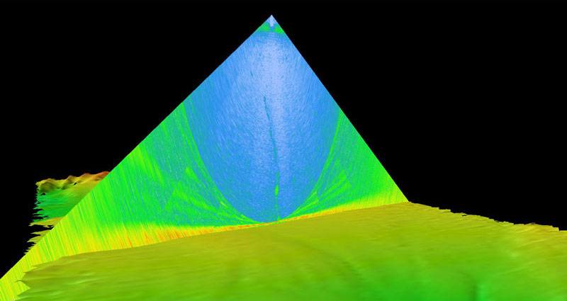 Water column data (shown as a triangular cross-section) overlaid on 3D-modeled multibeam bathymetry data. The gas seep detected near the Aleutian Trench is depicted as a green line extending from the middle of the water column data.