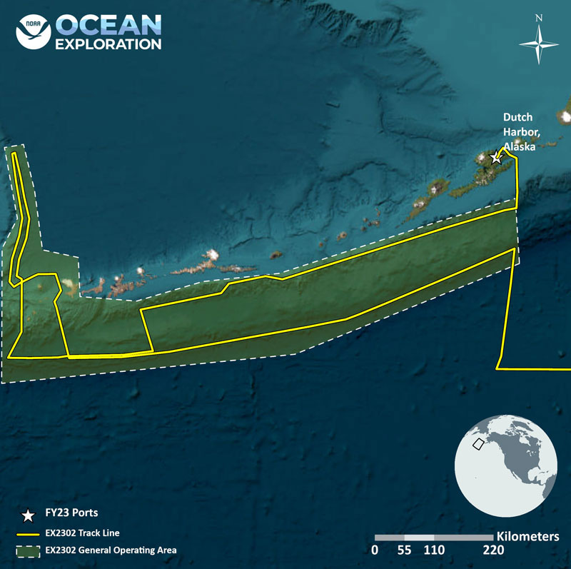 This map shows the general operating area along the Gulf of Alaska for the Seascape Alaska 1: Aleutians Deepwater Mapping expedition, with the approximate track of NOAA Ship Okeanos Explorer.