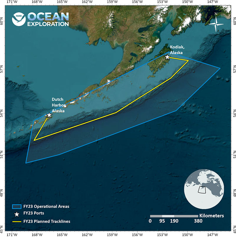 This map shows the general operating area along the Gulf of Alaska for the Seascape Alaska 2: Aleutians Deepwater Mapping expedition, with the approximate track of NOAA Ship Okeanos Explorer.