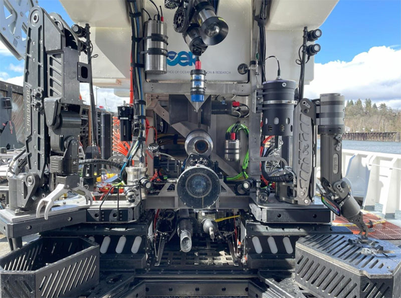 The 35mm camera system developed by the Global Foundation for Ocean Exploration mounted on the front of remotely operated vehicle Deep Discoverer.
