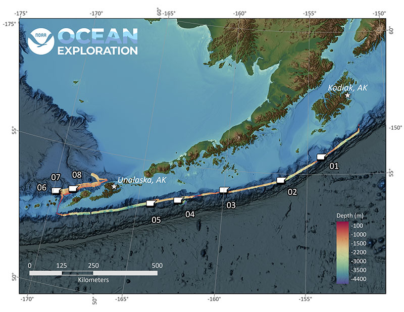 Map showing the location of dives conducted during the Seascape Alaska 3 expedition as well as preliminary bathymetry data collected during mapping operations.