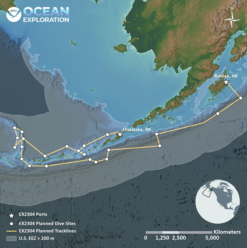 This map shows the general operating area off Alaska during the Seascape Alaska 3: Aleutians Remotely Operated Vehicle Exploration and Mapping expedition, with the approximate track of NOAA Ship Okeanos Explorer shown as a yellow line and proposed dive sites as white circles.