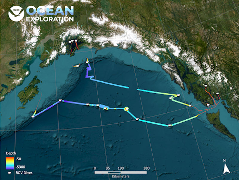 Map showing the location of the 19 dives successfully conducted during the Seascape Alaska 5 expedition, as well as preliminary bathymetry data collected during mapping operations.