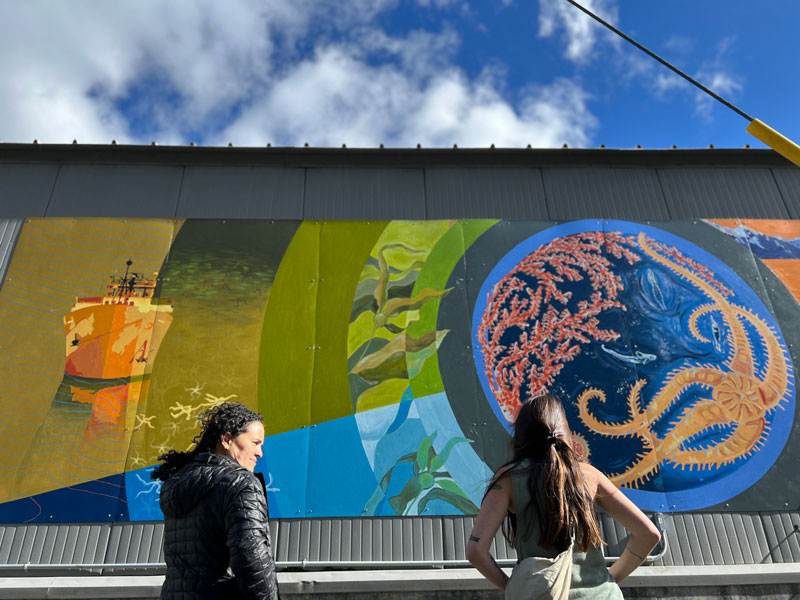 Seward-based artists Luzan Quintero (left) and Marissa Amor survey their work. The mural was designed by the artists based on imagery from the Seascape Alaska series of expeditions and painted by the artists and local community members.
