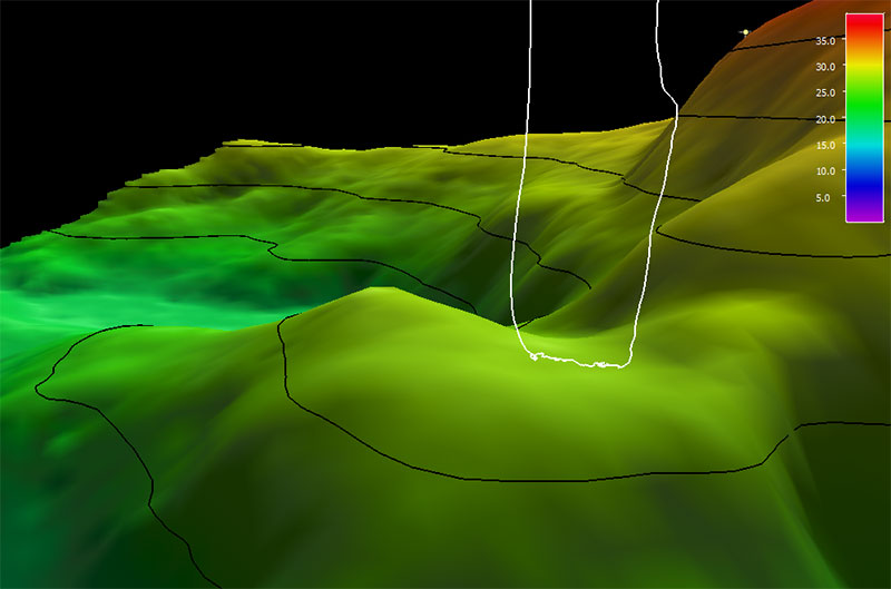 The dive track (white line) for Dive 02: Kodiak Seep, of the Seascape Alaska 5: Gulf of Alaska Remotely Operated Vehicle Exploration expedition. Bathymetry shown at three-times exaggeration. Scale is water depth in meters.