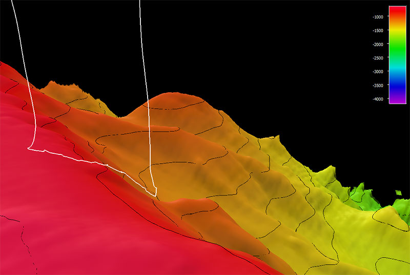 The dive track (white line) for Dive 03: Giacomini Seamount, of the Seascape Alaska 5: Gulf of Alaska Remotely Operated Vehicle Exploration expedition. Bathymetry shown at three-times exaggeration. Scale is water depth in meters.