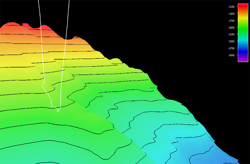 The dive track (white line) for Dive 04: Quinn Seamount, of the Seascape Alaska 5: Gulf of Alaska Remotely Operated Vehicle Exploration expedition. Bathymetry shown at two-times exaggeration. Scale is water depth in meters.