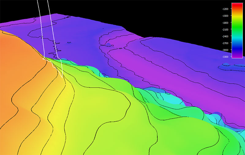 The dive track (white line) for Dive 08: Denson Seamount, of the Seascape Alaska 5: Gulf of Alaska Remotely Operated Vehicle Exploration expedition. Bathymetry shown at three-times exaggeration. Scale is water depth in meters.