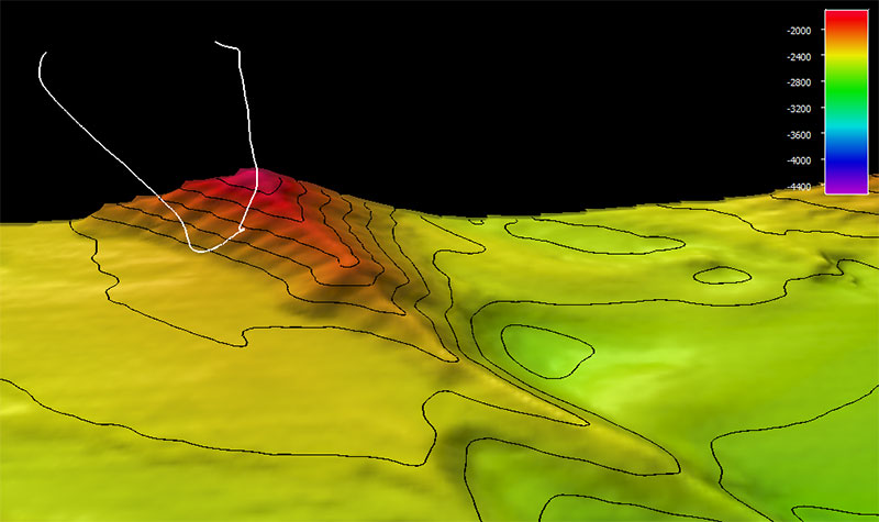 The dive track (white line) for Dive 15: Middleton Canyon, of the Seascape Alaska 5: Gulf of Alaska Remotely Operated Vehicle Exploration expedition. Bathymetry shown at one-time exaggeration; 10 meter contours. Scale is water depth in meters.