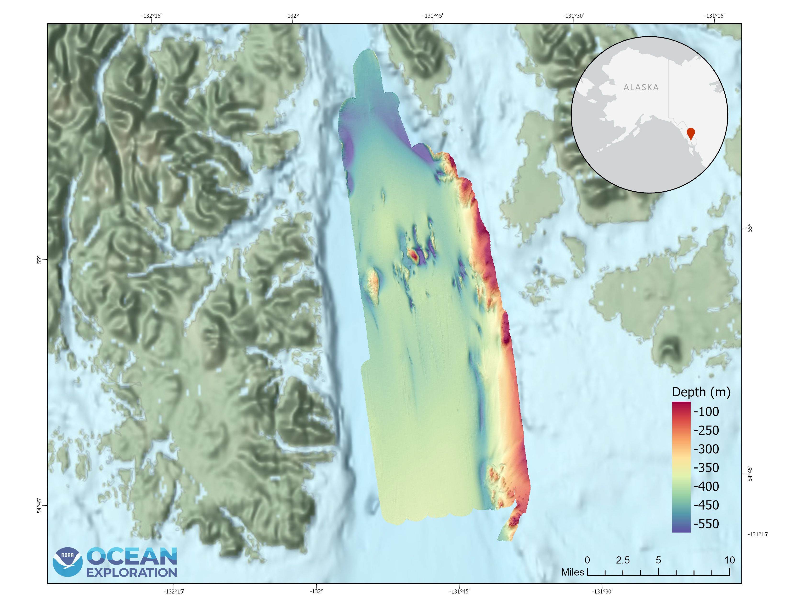 Bathymetric map produced from multibeam sonar data collected from NOAA Ship Okeanos Explorer during the Seascape Alaska 6 expedition with over 100 million soundings.