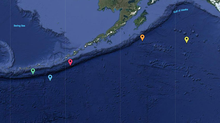 Map area showing the deepwater areas offshore Alaska, with a particular focus on the Aleutian Islands, Gulf of Alaska, and Aleutian Trench pinpointing the expedition locations for 2023 Sescape Alaska Expeditions