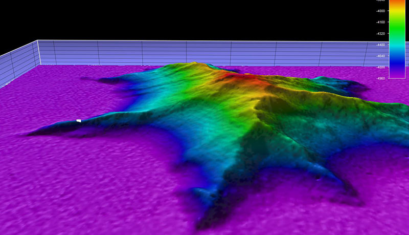 This image shows a side view, two-times vertical exaggeration, of the unnamed seamount we explored during Dive 10 of the Exploring Atlantic Canyons and Seamounts 2014 expedition. The white dot represents the point where remotely operated vehicle Deep Discoverer was deployed.