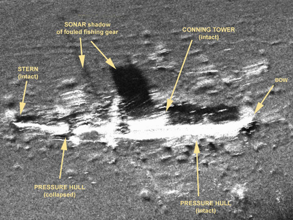 Side-scan sonar image of the remains of the submarine USS O-9 (SS-70)