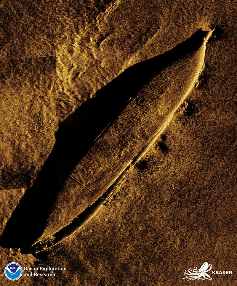 SAS imagery of the Black Point showing that the hull, including the bow, of the ship is largely intact and rests upside down on the seafloor. Image courtesy of Kraken Robotics.