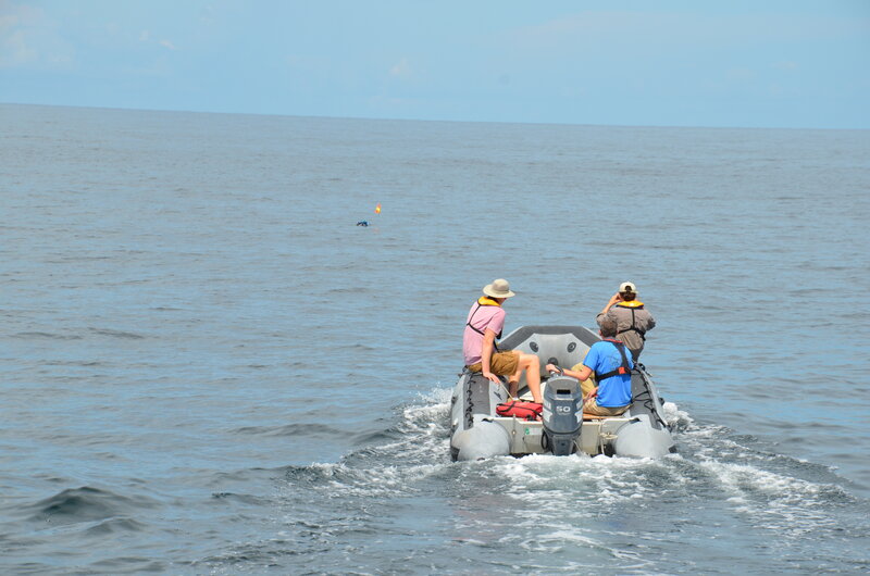 Our National Geographic and Second Star Robotics team members on the small boat to retrieve Driftcam “Dory.” Dory can be seen in the distance, affixed with a bright orange and reflective flag.