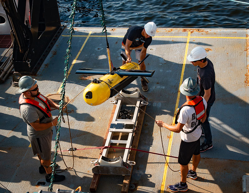 The Kraken towed KATFISH™ with Synthetic Aperture Sonar (SAS) on the deck of NOAA Ship Okeanos Explorer. The KATFISH is one of the tools we are testing during the 2019 Technology Demonstration.