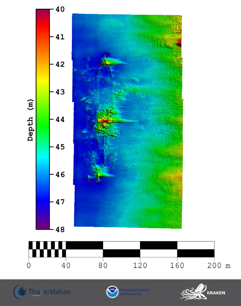 Bathymetric image of the shipwreck, developed from data collected using the KATFISH™ system on the Okeanos Explorer on July 18, 2019. Scale is water depth in meters.