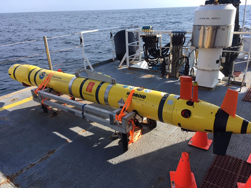 The REMUS 600 AUV on the deck of the Okeanos Explorer.
