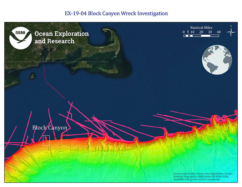 Figure 1. Map of area offshore Rhode Island and Cape Cod, Block Canyon indicated in grey box. Brightly colored bathymetry data is a compilation of Okeanos Explorer and Extended Continental Shelf Project data and reveals numerous submarine canyons.