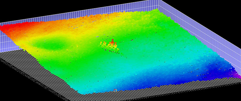 Oblique view of the shipwreck. Wreck indicated with white arrow, depression indicated with purple arrow. Image created in QPS Qimera 3D Editor, vertical exaggeration 3x.