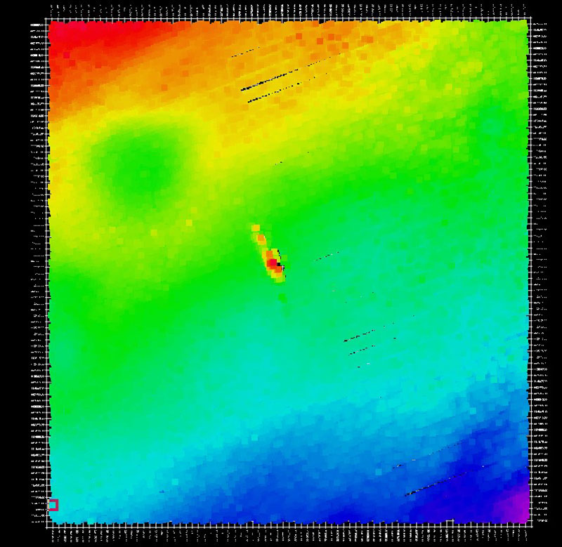 Overhead view of the shipwreck. Wreck indicated with white arrow, depression indicated with purple arrow. Image created in QPS Qimera 3D Editor.