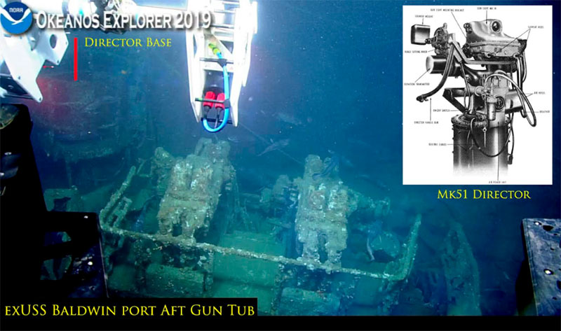 The Bofors 40 millimeter anti-aircraft guns were arguably the best light anti-aircraft weapon of World War II,employed on almost every major warship in the U.S. and UK fleets during World War II, circa 1943 to 1945. They were most effective on ships as large as destroyer escorts or larger when coupled with electric-hydraulic drives for greater speed and the Mark 51 Director for improved accuracy. The Bofors 40 millimeter gun became a fearsome adversary, accounting for roughly half of all Japanese aircraft shot down between October 1, 1944, and 1 February 1, 1945. The gun bases are present, the barrel breaches were removed while in reserve status.