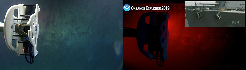Images from ROV Deep Discoverer looking at the ship’s number on the starboard bow of the wreck. Inset shows a historic photo of the ship port side, with a view of the hull numbers.  The digits “6” “2”  and “4” are clearly visible. Combined with the position of the wreck and the features found while exploring it, the team was able to confirm that the wreck is indeed the USS Baldwin. 