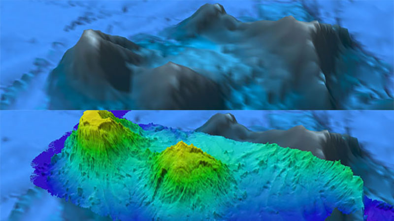 Two seamounts in the New England Seamount chain. The top image was generated from satellite altimetry data while the bottom image was created from multibeam data collected on NOAA Ship Okeanos Explorer. Using the multibeam data, the seamount on the left side of the image was discovered to be a guyot, which is a flat-topped extinct volcano. Also revealed on the seamounts were hundreds of small peaks not visible in scientifically valuable, but low-resolution, satellite altimetry. Satellite altimetry gives a first pass look at large features present on the seafloor, but generally does not reveal features smaller than 1.5 kilometer in length or width.