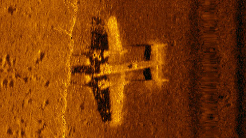 A high resolution side-scan sonar image of a World War II B-25 discovered in 2017 in Papua New Guinea.