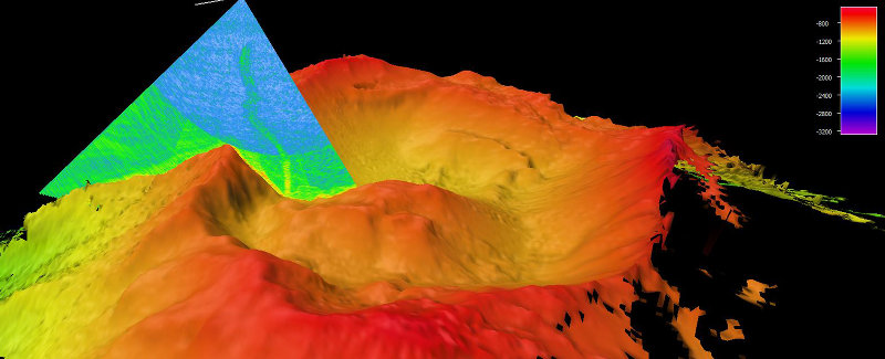 A plume of bubbles (light green and yellow) is shown rising from the seafloor at Vailulu’u Seamount in a single ping of midwater multibeam sonar data, collected during the 2017 American Samoa expedition.
