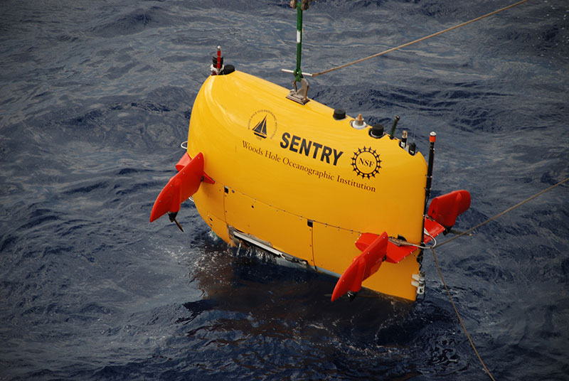 Autonomous underwater vehicle Sentry being deployed via taglines during a 2017 Coral/Canyon/Cold Seep Habitat expedition. With its built-in digital camera, multibeam echo sounder, and streamlined torpedo shape, Sentry “flies” above the seafloor to survey topographic features up to 6,000 meters (3.7 miles) underwater.