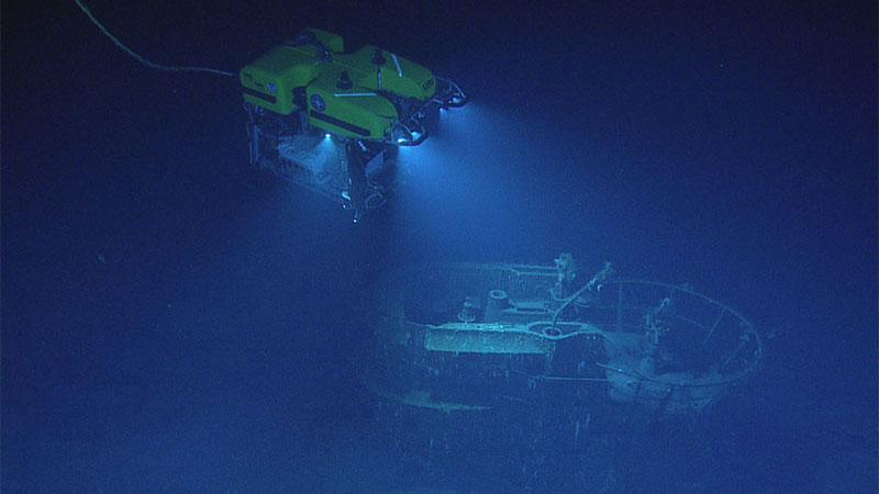 Tethered remotely operated vehicle Hercules examining the wreck of German submarine U-166 in the Gulf of America.