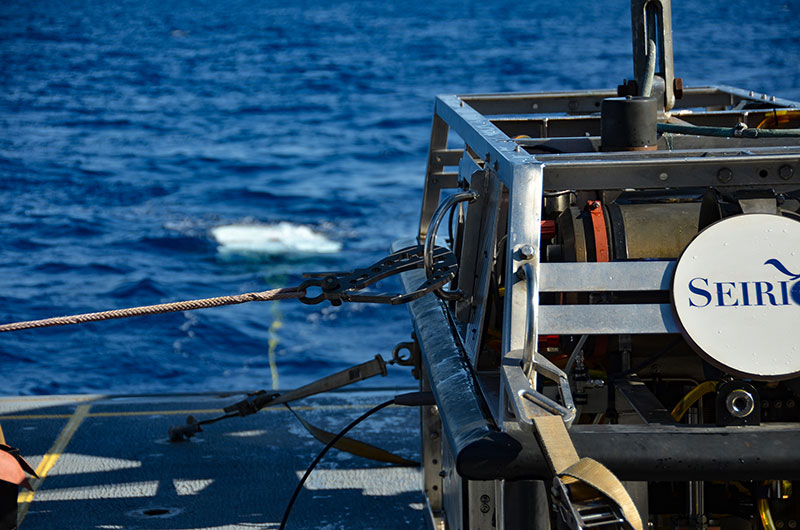 Remotely operated vehicle Seirios on the aft deck of NOAA Ship Okeanos Explorer. Image courtesy of the NOAA Office of Ocean Exploration and Research, Gulf of Mexico 2018.