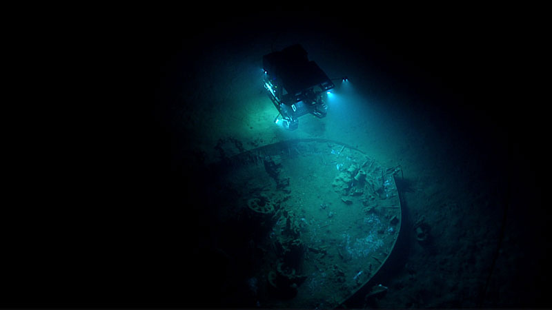 By illuminating Deep Discoverer from above, Seirios provides a broader perspective of things on the seafloor, such as this shipwreck. Image courtesy of NOAA Ocean Explorationh, Gulf of Mexico 2017.