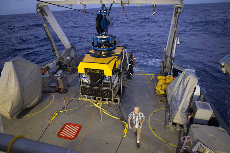 ROV SuBastian prepares for the first dive of the Searching for Life in the Mariana Back-arc expedition. Image courtesy of Schmidt Ocean Institute.
