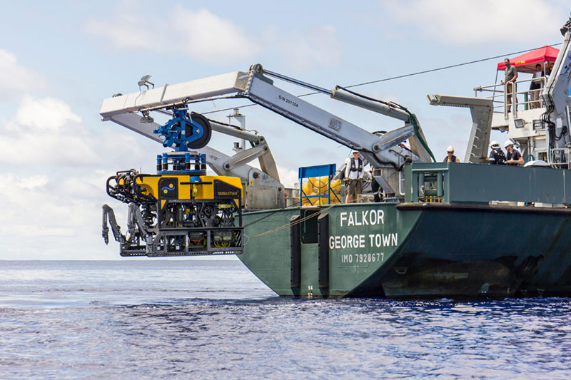 ROV SuBastian being deployed from R/V Falkor. Image courtesy of Schmidt Ocean Institute.
