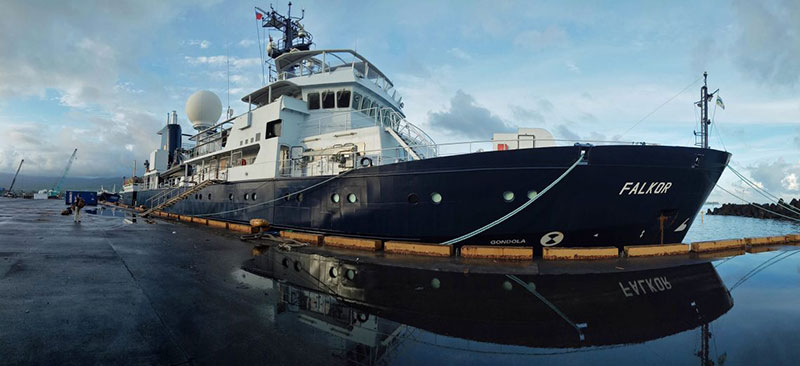 R/V Falkor docked in Apia, Samoa. Image courtesy of Schmidt Ocean Institute.