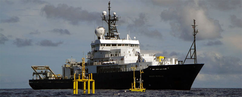 R/V Roger Revelle, pictured here in the western Pacific Ocean in 2010, is a general-purpose, Global Class oceanographic research vessel. Image courtesy of Scripps Institution of Oceanography.