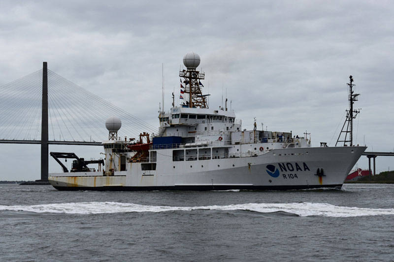 NOAA Ship Ronald H. Brown sailing into Charleston, South Carolina, on March 25, 2017, after a 1,347-day deployment – the longest of any NOAA ship ever. During its multiyear voyage, the ship traveled nearly 130,000 miles as it conducted scientific research and serviced buoys that collect a wide variety of environmental data. Image courtesy of AB Tracy Sorgenfrei / NOAA.