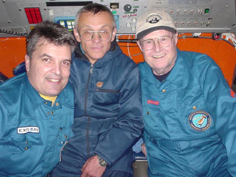 CAPT Craig McLean (left, NOAA), Mir pilot Viktor Nischeta, and Dr. George Bass (Institute for Nautical Archaeology) get ready to descend to the Titanic in Mir 2 to complete the photo mosaic.