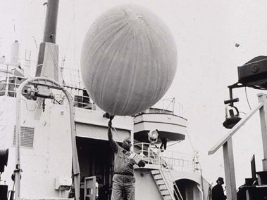 This meteorological radiosonde balloon was released aboard the Oceanographer during its 1967 cruise. (NOAA Photo Library). This meteorological radiosonde balloon was released aboard the Oceanographer during its 1967 cruise. (NOAA Photo Library).