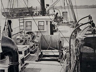 A steam winch with steel wire was first used for deepsea dredging on the Coast Survey Steamer Blake. Source: Deep Sea Sounding and Dredging (1880) by C. Sigsbee. A steam winch with steel wire was first used for deepsea dredging on the Coast Survey Steamer Blake. Source: Deep Sea Sounding and Dredging (1880) by C. Sigsbee.