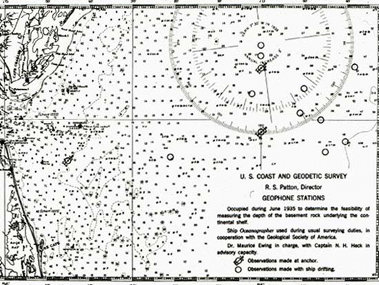 This map shows the location of seismic reflection experiments conducted by Maurice Ewing aboard the Coast and Geodetic Survey Ship Oceanographer in 1935. <em>NOAA Photo Library. (NOAA Photo Library).