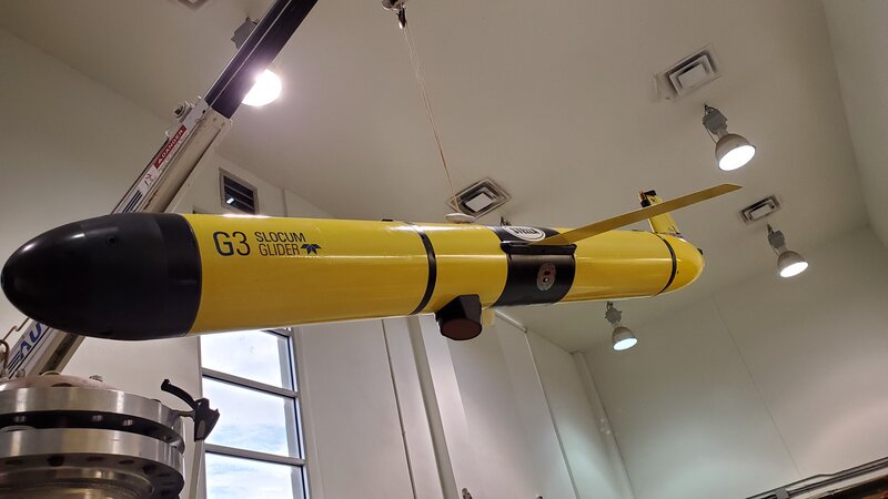 The Teledyne Webb Slocum glider, nicknamed &ldquo;Stella,&rdquo; houses the acoustic echosounder and the acoustic brain, which allows for onboard data processing to produce &ldquo;Echometric&rdquo; values (a suite of statistical metrics that characterize the distribution of biomass through the water column).