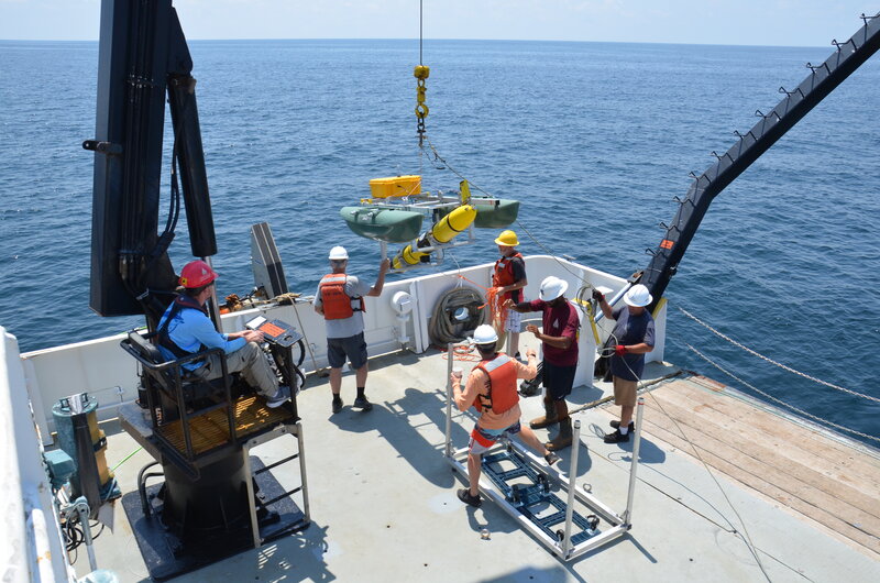 The glider team deploys the glider using the ship&rsquo;s overhead crane.