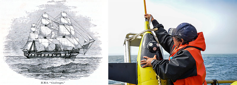 The past and present of ocean exploration. (Left) The HMS Challenger was a late 1800&rsquo;s research vessel that made many of the discoveries that laid the foundation for ocean science. (Right) Engineer Christina Ramirez affixes Seaglider&rsquo;s antenna which will allow the glider to communicate with her and other scientists on-shore.