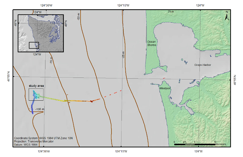 Map showing the westward track line of Research Vessel Rachel Carson from Westport, Washington, to the study area. The ship's track line is color-coded by bathymetry collected with the pole-mounted multibeam sonar.