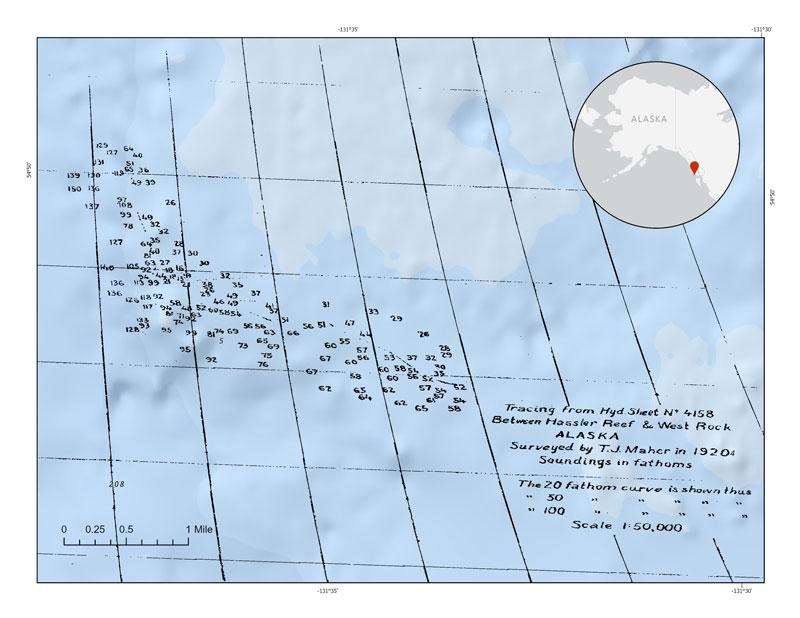 Original chart from the 1920 expedition to map Alaska&rsquo;s Inside Passage showing about 140 soundings collected using lead lines
