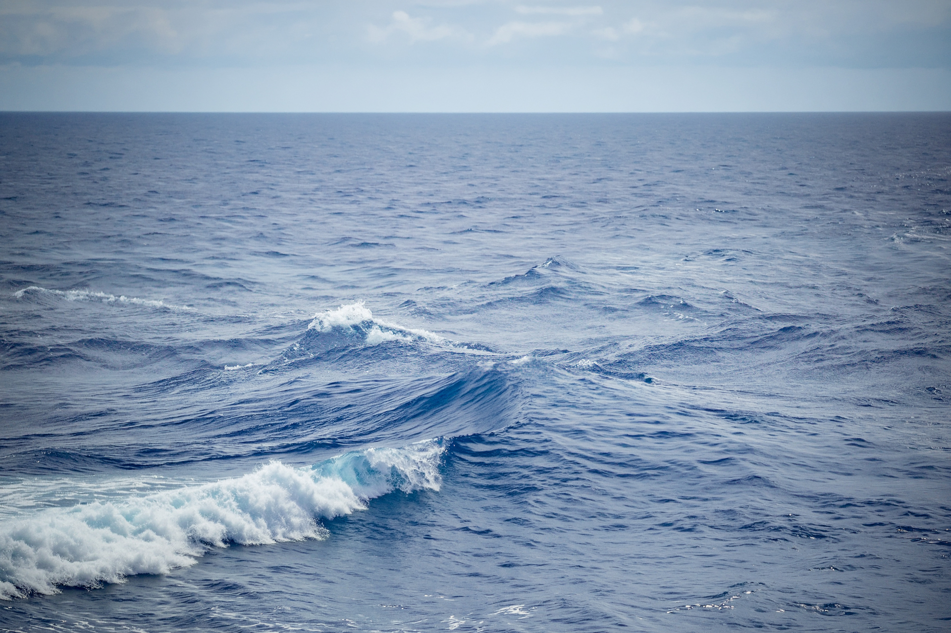 An expanse of deep blue open ocean under an overcast sky, featuring a prominent wind-driven wave cresting with white foam in the foreground and a distant, flat horizon line where water meets sky.